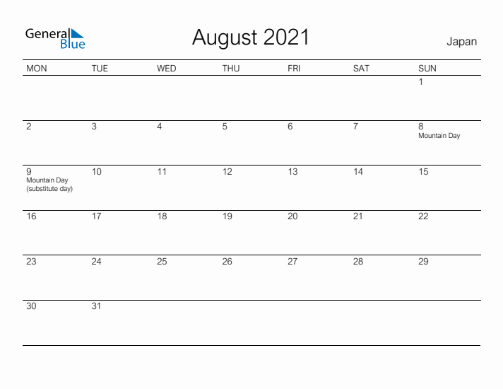 Printable August 2021 Calendar for Japan
