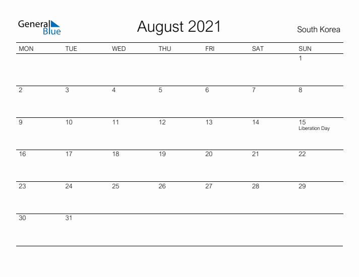 Printable August 2021 Calendar for South Korea