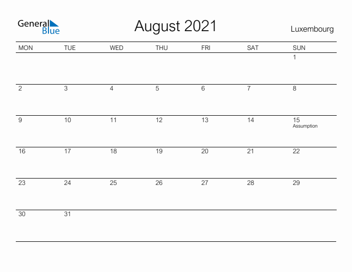 Printable August 2021 Calendar for Luxembourg