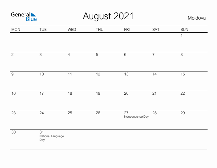 Printable August 2021 Calendar for Moldova