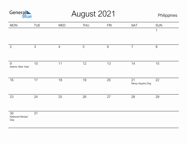 Printable August 2021 Calendar for Philippines
