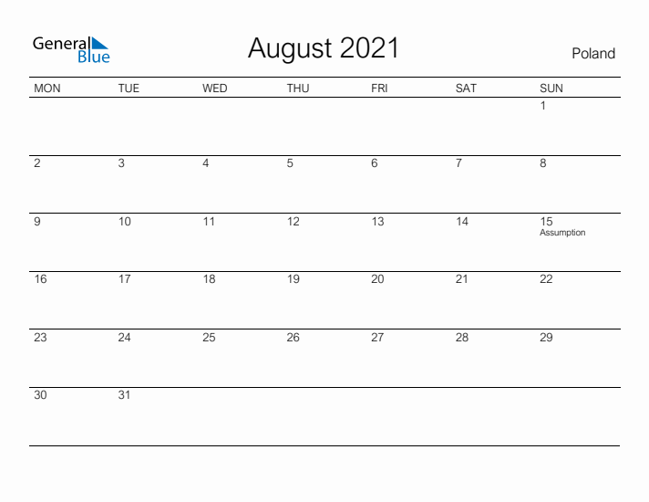 Printable August 2021 Calendar for Poland