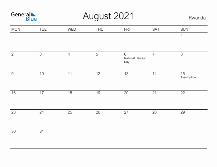Printable August 2021 Calendar for Rwanda