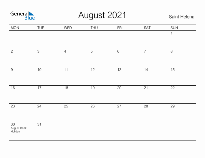 Printable August 2021 Calendar for Saint Helena