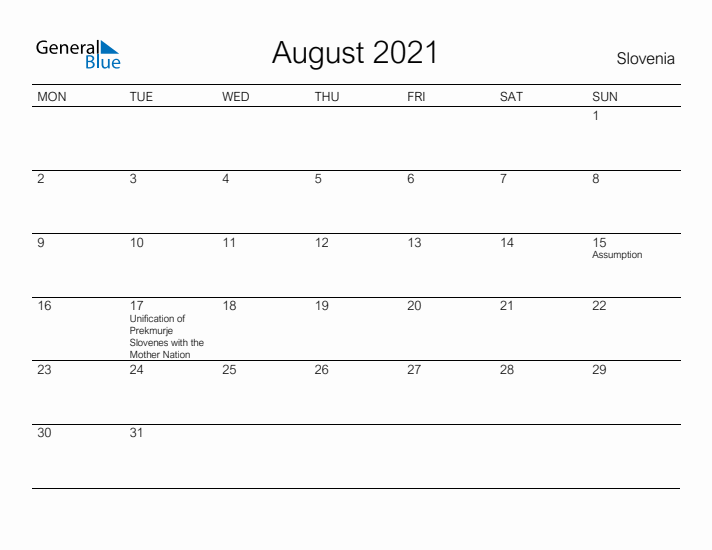 Printable August 2021 Calendar for Slovenia