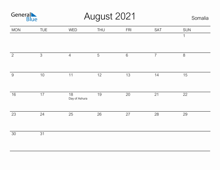 Printable August 2021 Calendar for Somalia