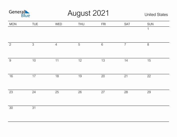 Printable August 2021 Calendar for United States