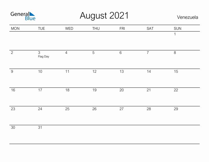 Printable August 2021 Calendar for Venezuela