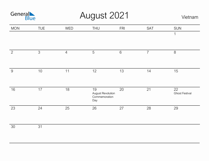 Printable August 2021 Calendar for Vietnam