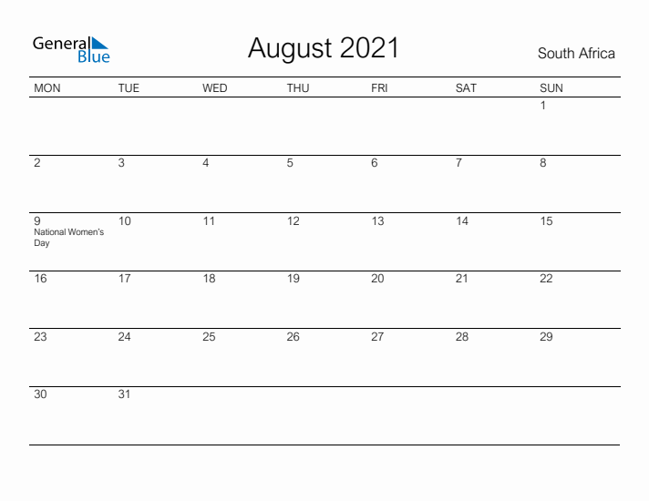 August 2021 South Africa Monthly Calendar With Holidays