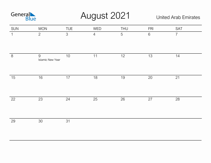 Printable August 2021 Calendar for United Arab Emirates