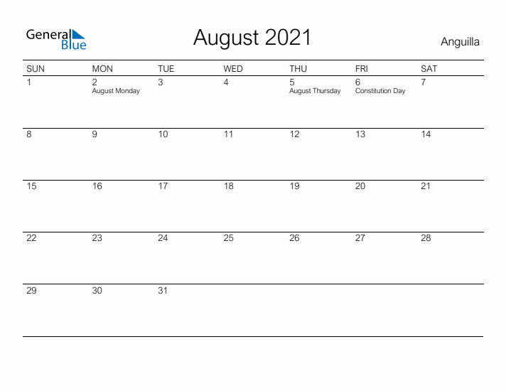Printable August 2021 Calendar for Anguilla