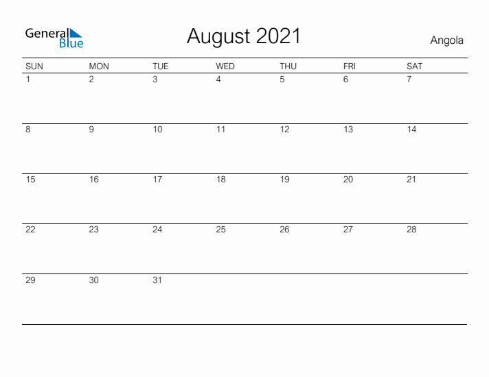 Printable August 2021 Calendar for Angola