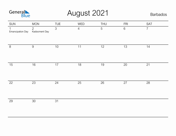 Printable August 2021 Calendar for Barbados