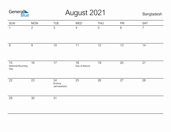 Printable August 2021 Calendar for Bangladesh