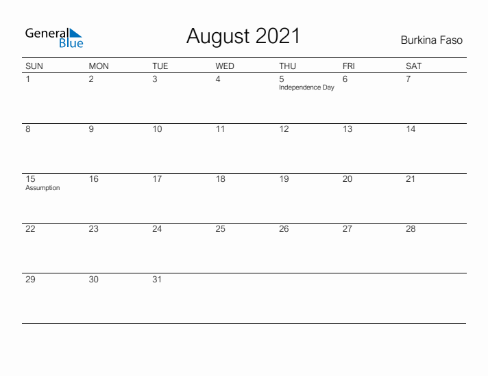 Printable August 2021 Calendar for Burkina Faso