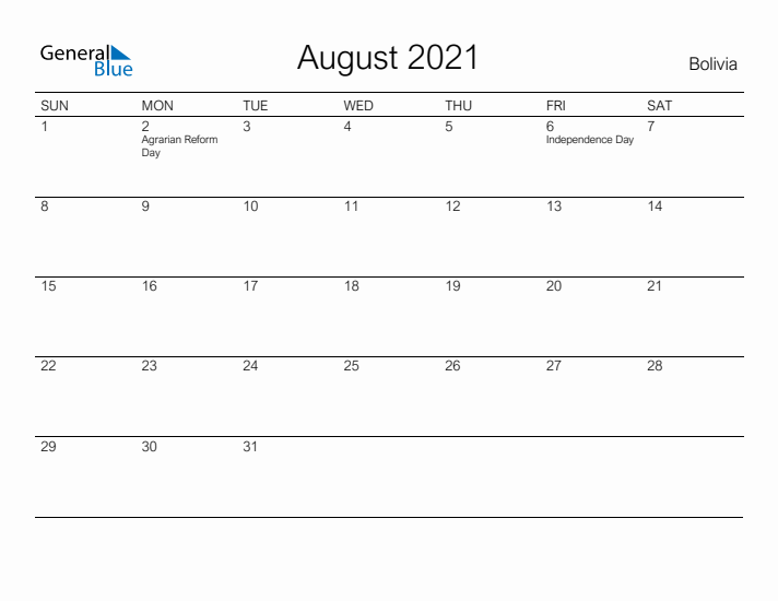 Printable August 2021 Calendar for Bolivia