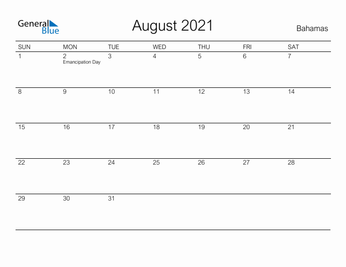 Printable August 2021 Calendar for Bahamas