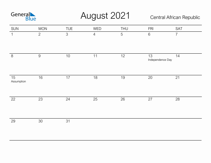 Printable August 2021 Calendar for Central African Republic