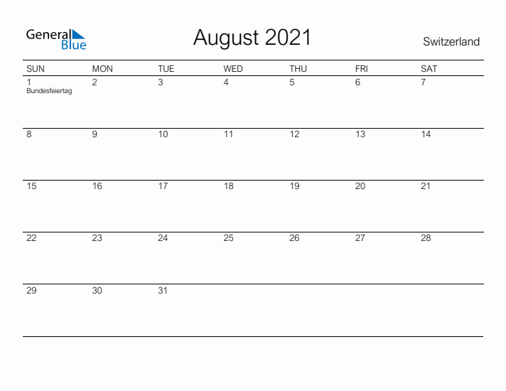 Printable August 2021 Calendar for Switzerland