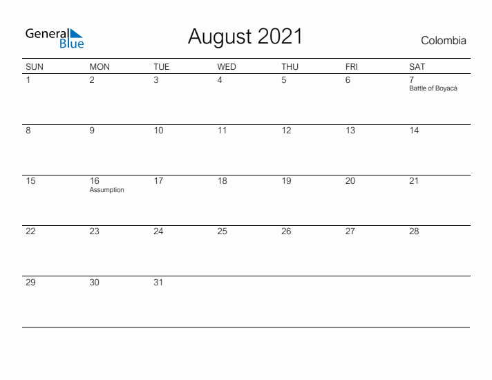 Printable August 2021 Calendar for Colombia