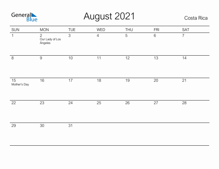 Printable August 2021 Calendar for Costa Rica