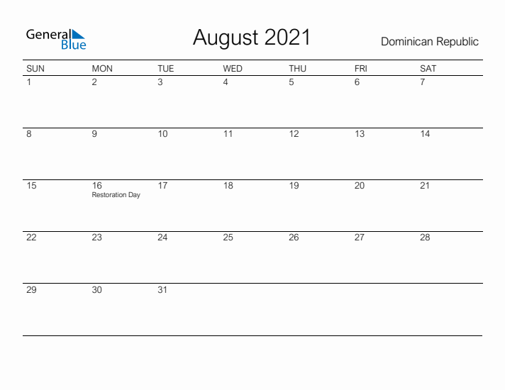 Printable August 2021 Calendar for Dominican Republic