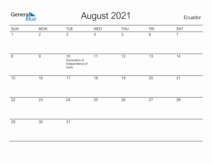 Printable August 2021 Calendar for Ecuador