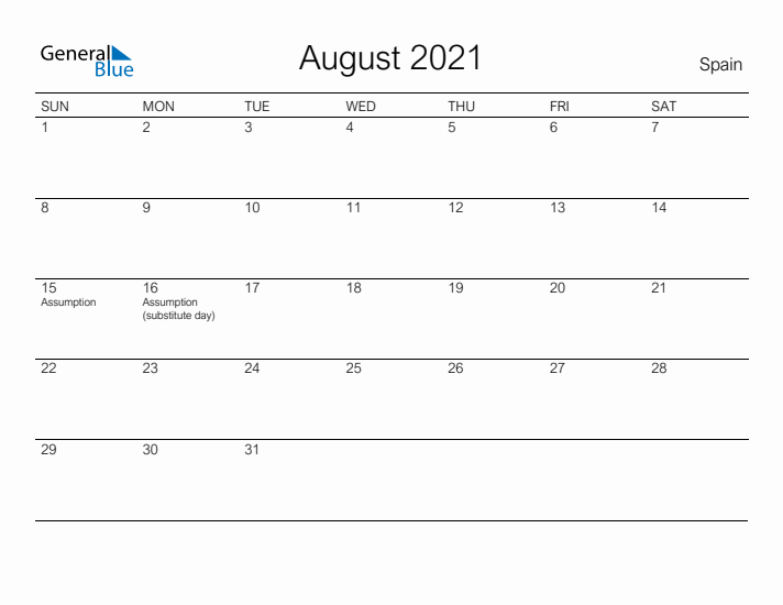 Printable August 2021 Calendar for Spain