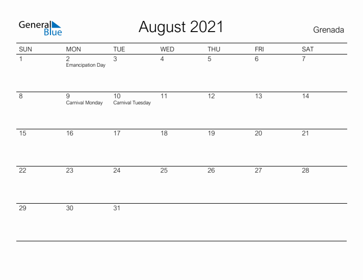 Printable August 2021 Calendar for Grenada