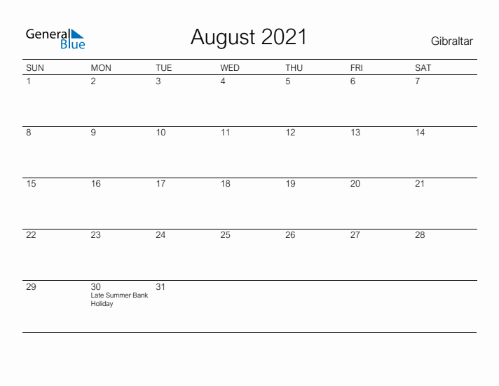 Printable August 2021 Calendar for Gibraltar
