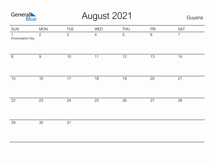 Printable August 2021 Calendar for Guyana