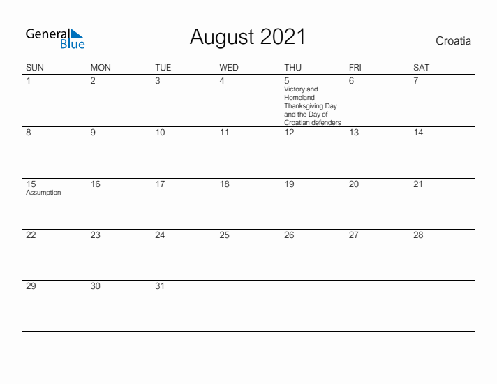 Printable August 2021 Calendar for Croatia