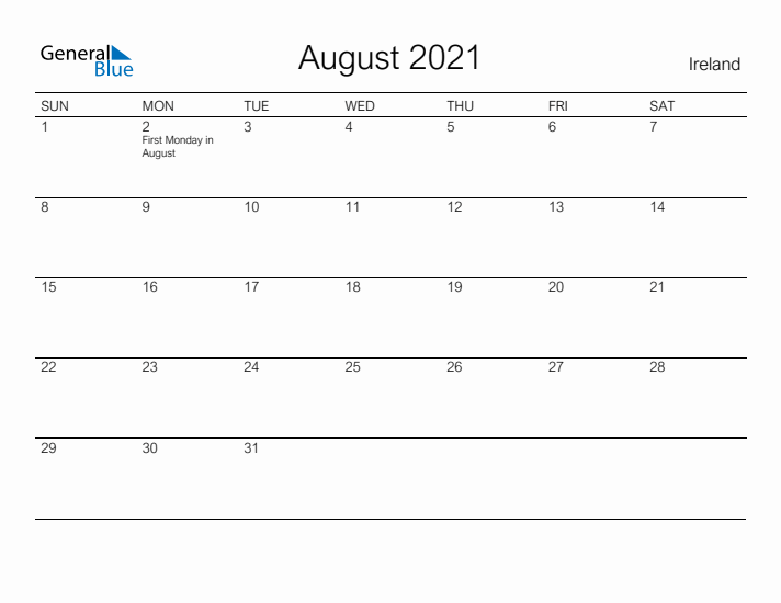 Printable August 2021 Calendar for Ireland
