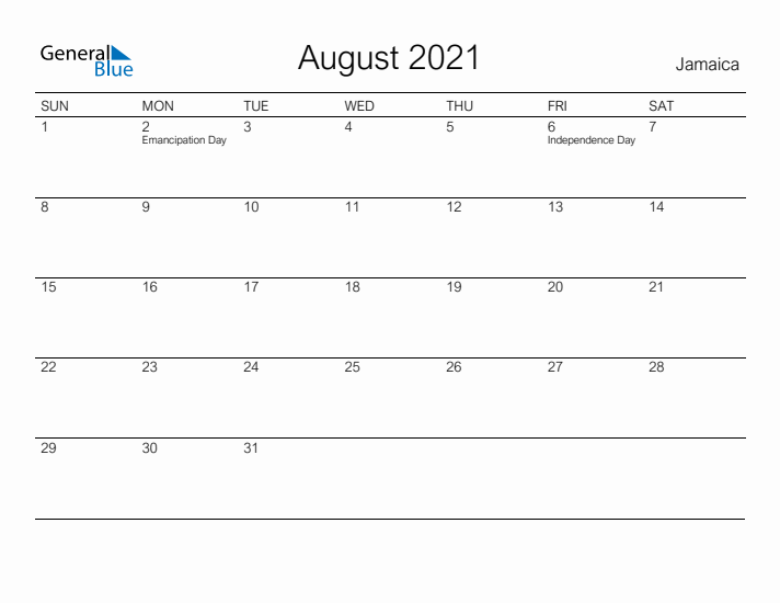 Printable August 2021 Calendar for Jamaica