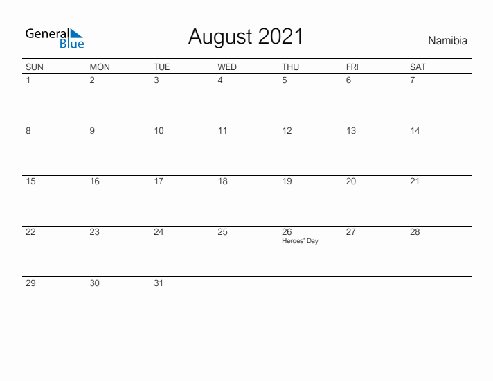 Printable August 2021 Calendar for Namibia