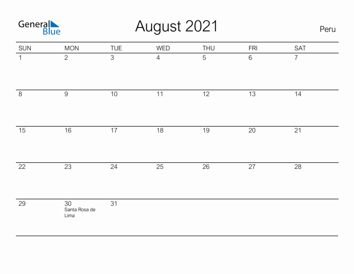 Printable August 2021 Calendar for Peru