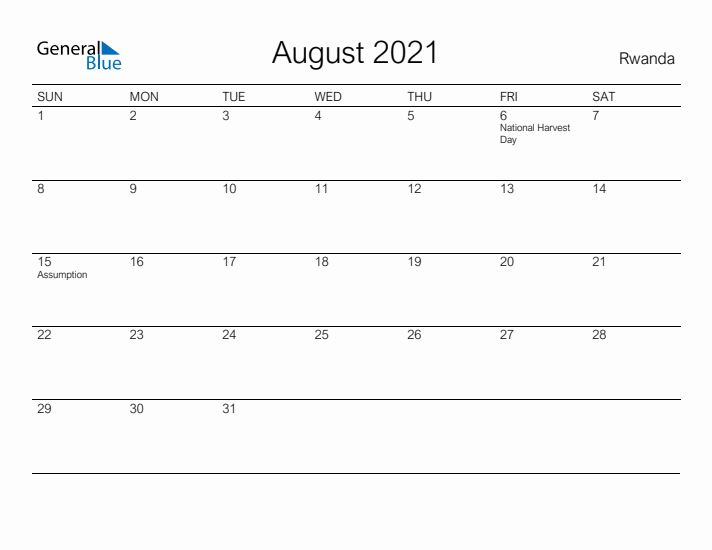 Printable August 2021 Calendar for Rwanda