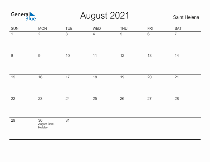 Printable August 2021 Calendar for Saint Helena