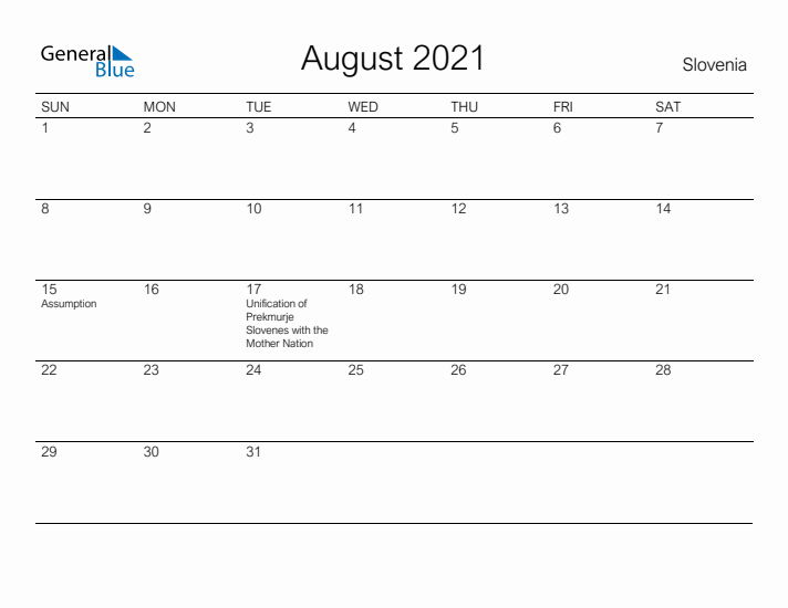 Printable August 2021 Calendar for Slovenia
