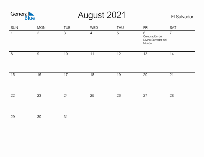 Printable August 2021 Calendar for El Salvador