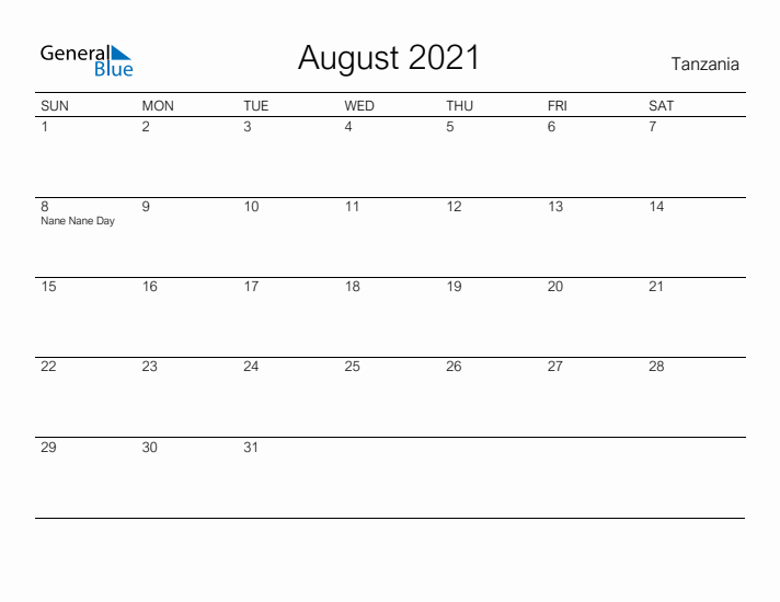Printable August 2021 Calendar for Tanzania