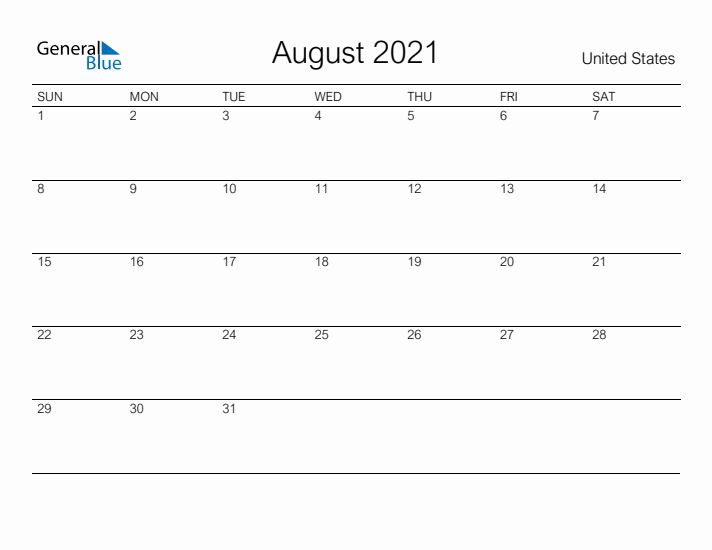 Printable August 2021 Calendar for United States