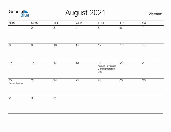 Printable August 2021 Calendar for Vietnam