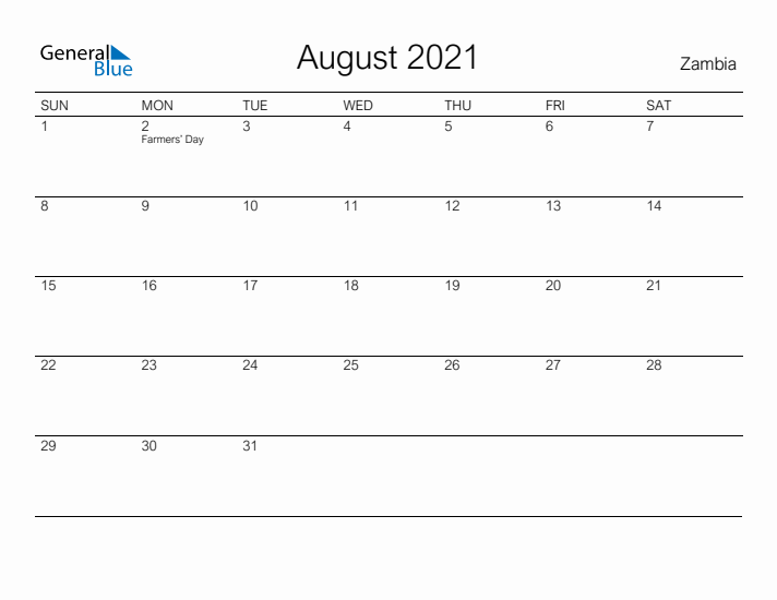 Printable August 2021 Calendar for Zambia