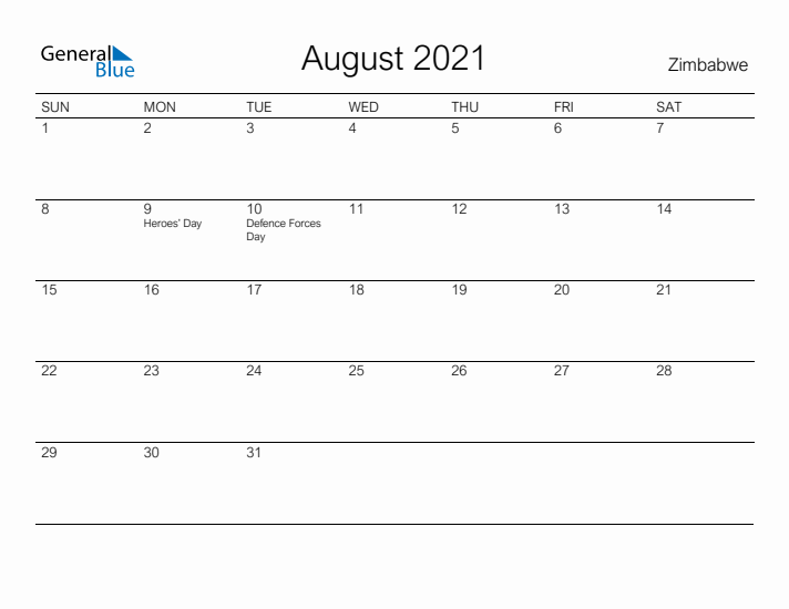Printable August 2021 Calendar for Zimbabwe