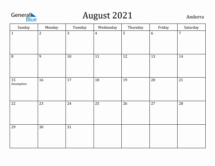 August 2021 Calendar Andorra