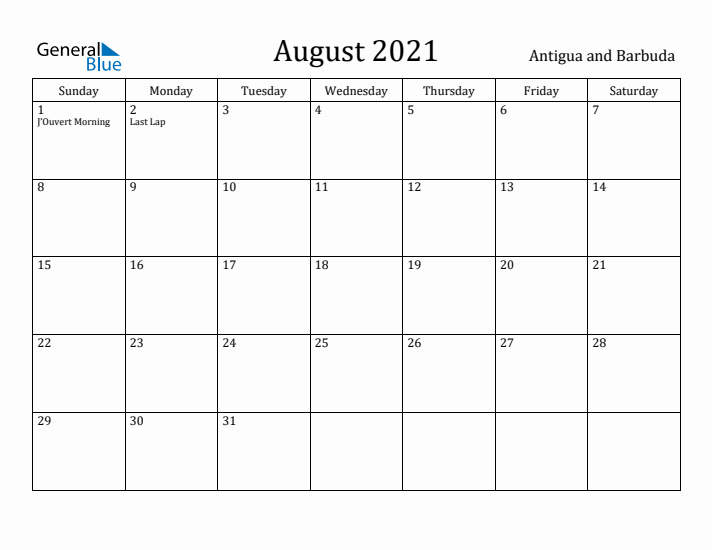 August 2021 Calendar Antigua and Barbuda
