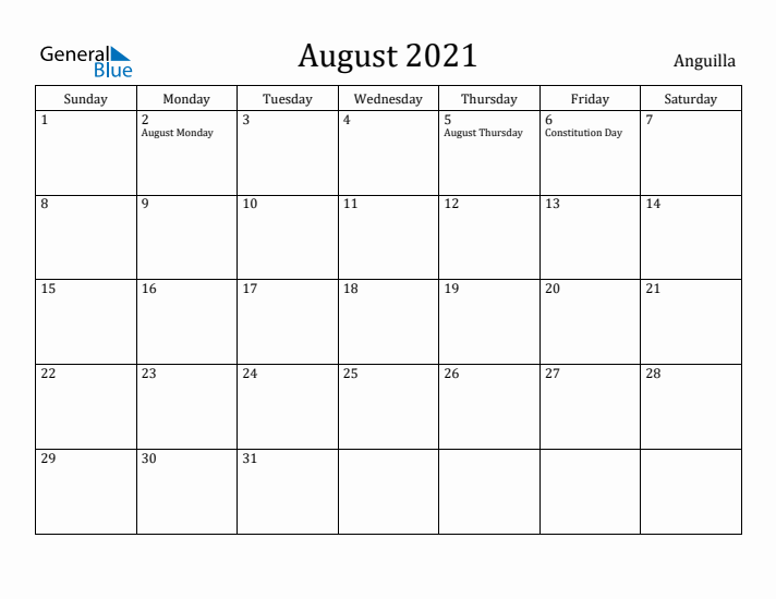 August 2021 Calendar Anguilla