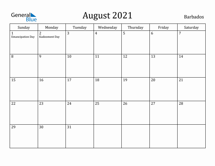 August 2021 Calendar Barbados